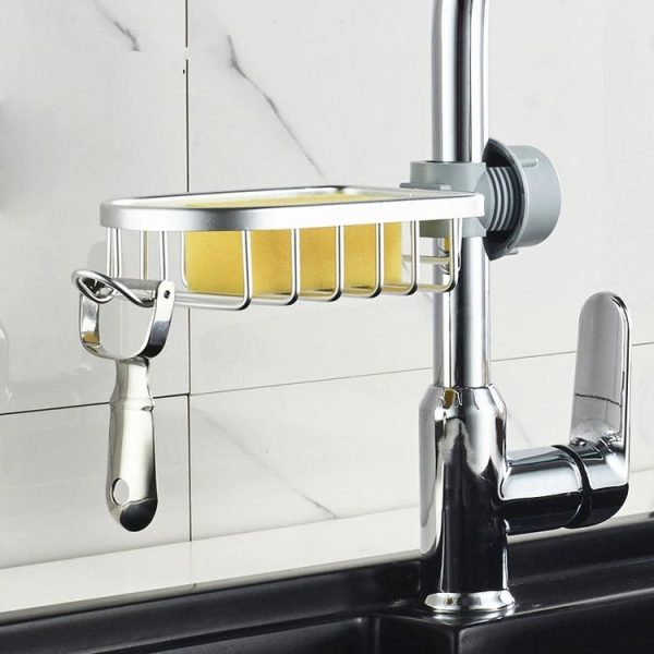 Kitchen Faucet Shelf No-Punch Sink Rag Drainage Basket Sponge Drainage Storage Rack, Style: A Silver - Image 8