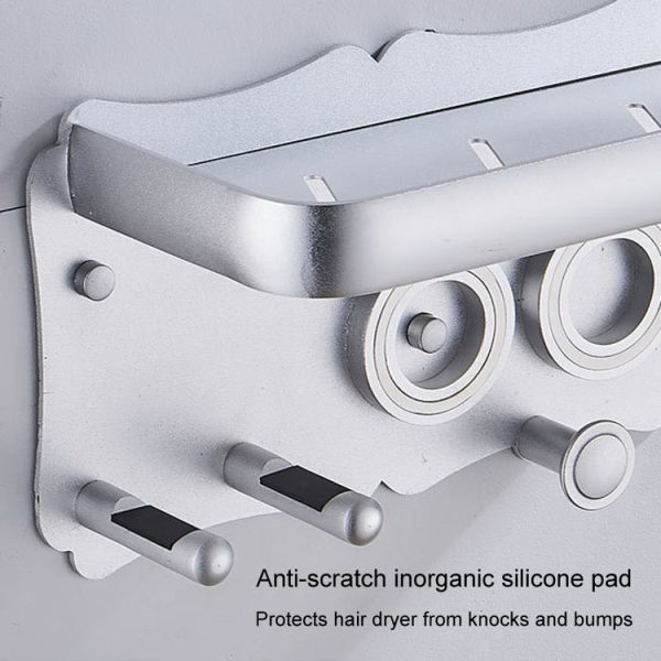 Wall Mounted Hair Dryer Holder Hole-Free Bathroom Space Aluminum Multifunctional Shelf, Style: Simple Silver - Image 3