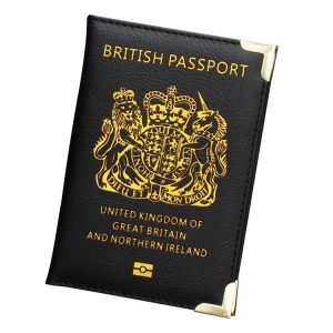British Passport Case Leather Metal Feet Passport Protection Cover (Black)