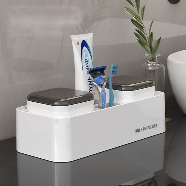 Hotel Toothbrush Rack With Double Cup Desktop Wall Mounted Toothpaste Holder (Pure White) - Image 2