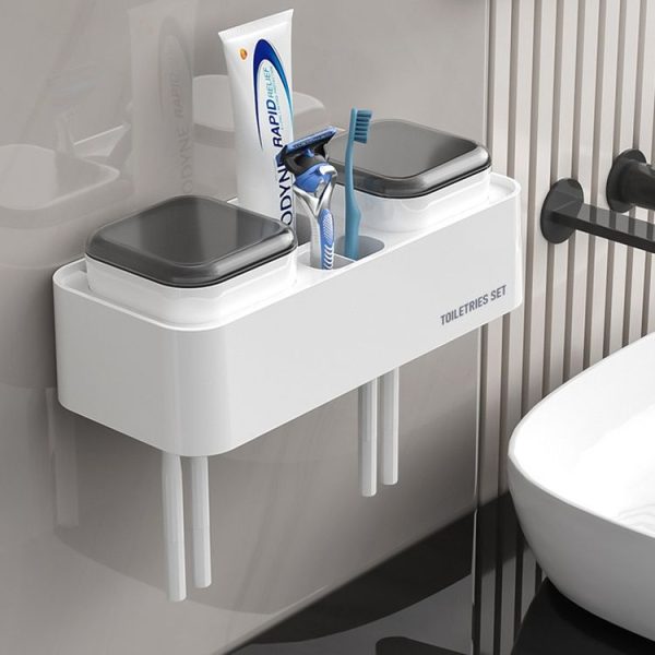 Hotel Toothbrush Rack With Double Cup Desktop Wall Mounted Toothpaste Holder (Pure White) - Image 6
