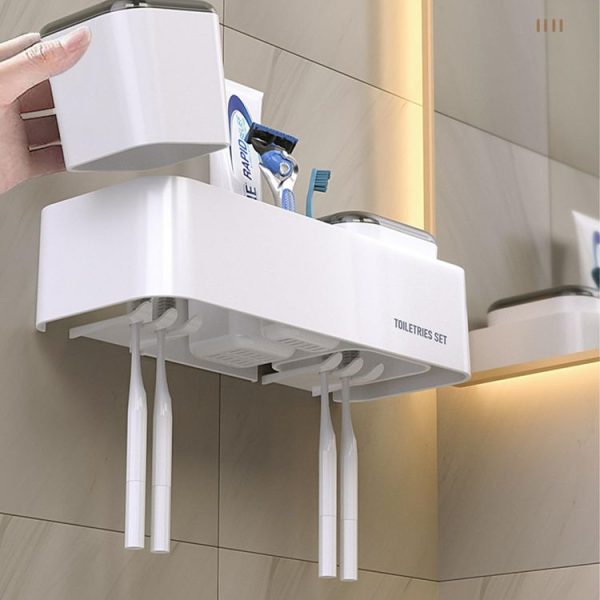 Hotel Toothbrush Rack With Double Cup Desktop Wall Mounted Toothpaste Holder (Pure White) - Image 7