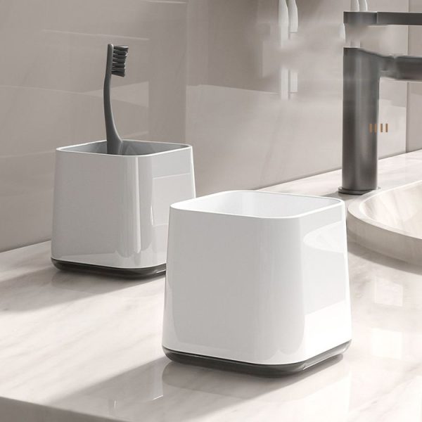 Hotel Toothbrush Rack With Double Cup Desktop Wall Mounted Toothpaste Holder (Pure White) - Image 8