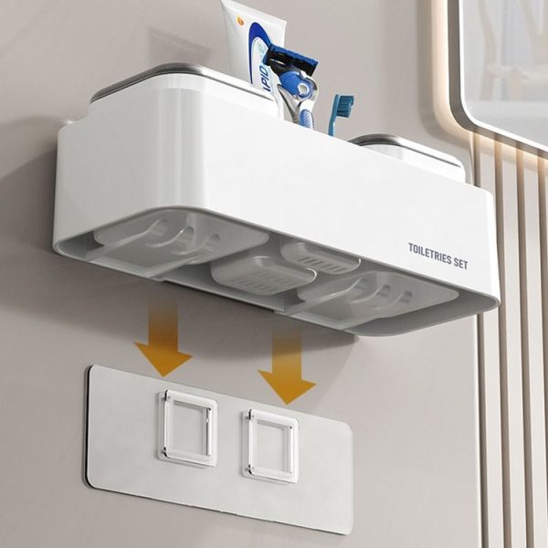 Hotel Toothbrush Rack With Double Cup Desktop Wall Mounted Toothpaste Holder (Pure White) - Image 9