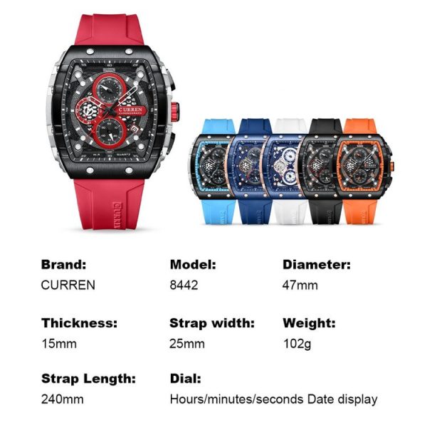 Curren 8442 Sport Six-Hand Silicone Strap Men Quartz Watch, Color: White Shell Red - Image 2