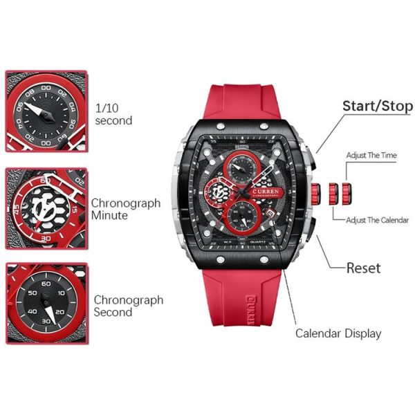 Curren 8442 Sport Six-Hand Silicone Strap Men Quartz Watch, Color: White Shell Red - Image 3