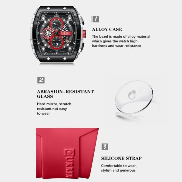 Curren 8442 Sport Six-Hand Silicone Strap Men Quartz Watch, Color: White Shell Red - Image 4