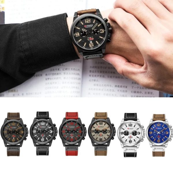 Curren 8314 Sports Six-Hand Waterproof Leather Strap Calendar Men Quartz Watch, Color: Black Shell Khaki - Image 2