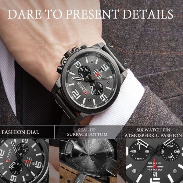 Curren 8314 Sports Six-Hand Waterproof Leather Strap Calendar Men Quartz Watch, Color: Black Shell Khaki - Image 3