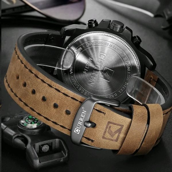 Curren 8314 Sports Six-Hand Waterproof Leather Strap Calendar Men Quartz Watch, Color: Black Shell Khaki - Image 4
