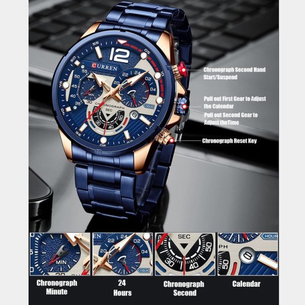 Curren 8395 Calendar Six-Hand Steel Strap Men Quartz Watch, Color: Rose Shell Blue - Image 4
