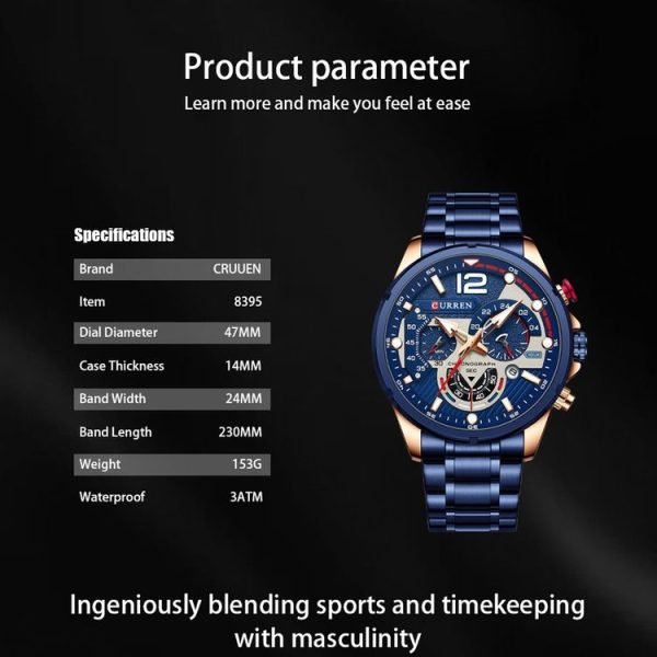 Curren 8395 Calendar Six-Hand Steel Strap Men Quartz Watch, Color: Rose Shell Blue - Image 9