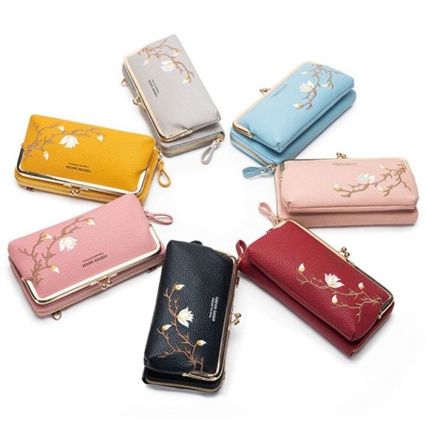 Embroidered Large Capacity Single-shoulder Phone Bag Crossbody Zipper Long Ladies Wallet, Color: Wine Red - Image 2