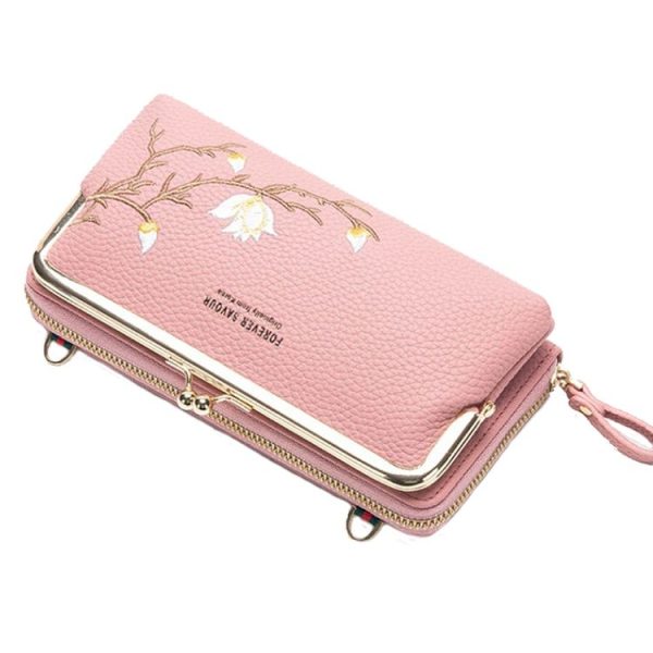 Embroidered Large Capacity Single-shoulder Phone Bag Crossbody Zipper Long Ladies Wallet, Color: Wine Red - Image 5