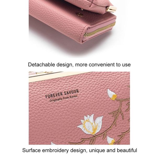 Embroidered Large Capacity Single-shoulder Phone Bag Crossbody Zipper Long Ladies Wallet, Color: Wine Red - Image 8