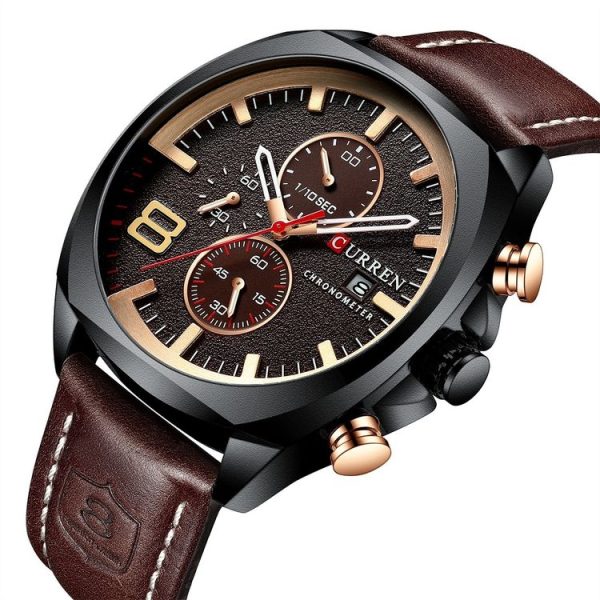 Curren 8324 Six-hand Leather Strap Waterproof Men Watch With Calendar, Color: Black Shell Coffee - Image 2