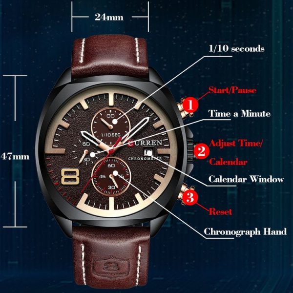 Curren 8324 Six-hand Leather Strap Waterproof Men Watch With Calendar, Color: Black Shell Coffee - Image 3