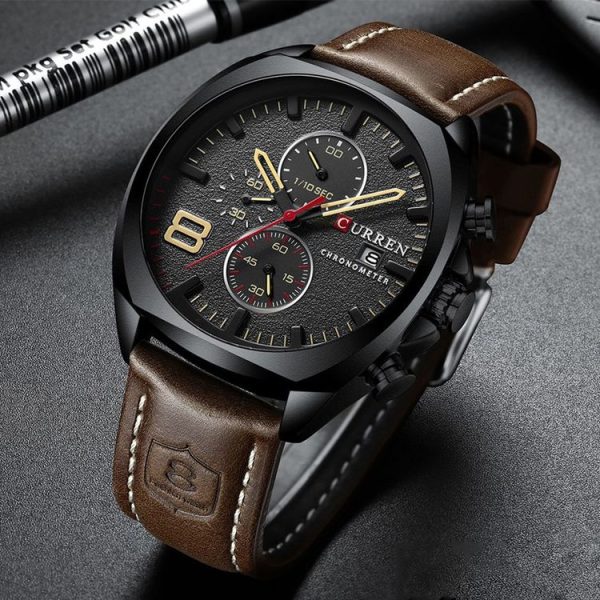 Curren 8324 Six-hand Leather Strap Waterproof Men Watch With Calendar, Color: Black Shell Coffee - Image 5