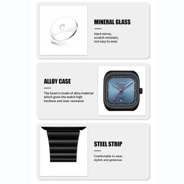 Curren 8460 Casual Steel Strap Square Men Quartz Watch, Color: Black Shell Black - Image 3