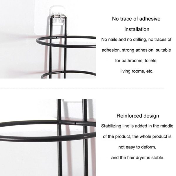 No-Punch Wall Mount Hair Dryer Bracket Bathroom Shelf (Black) - Image 4