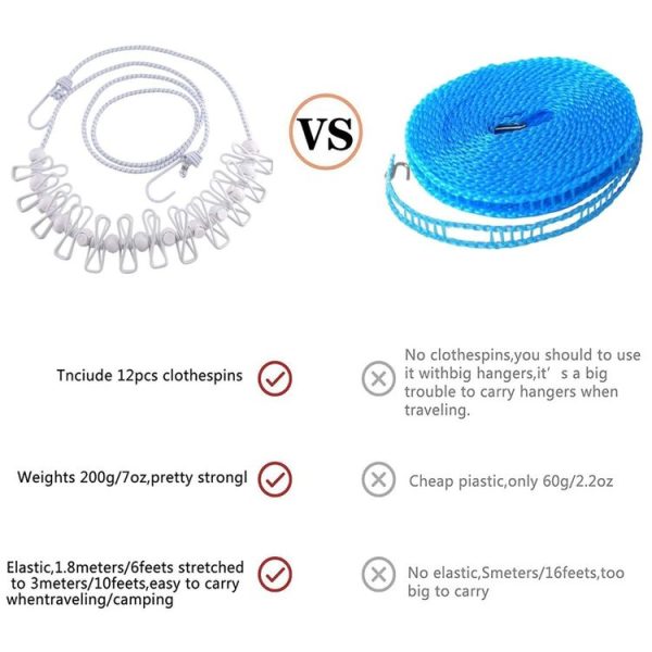 Outdoor Travel Retractable Windproof Clothesline with 12 Clips (White) - Image 5