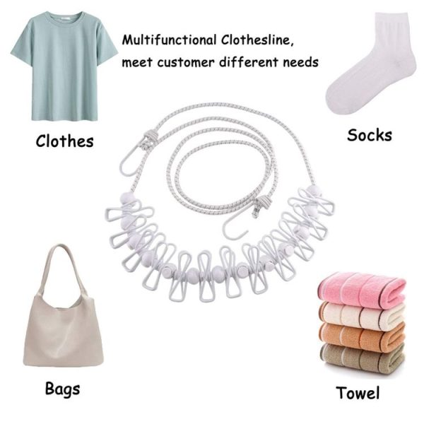 Outdoor Travel Retractable Windproof Clothesline with 12 Clips (White) - Image 6