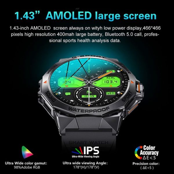 K62 1.43 Inch Waterproof Bluetooth Call Weather Music Smart Sports Watch, Color: Black - Image 6