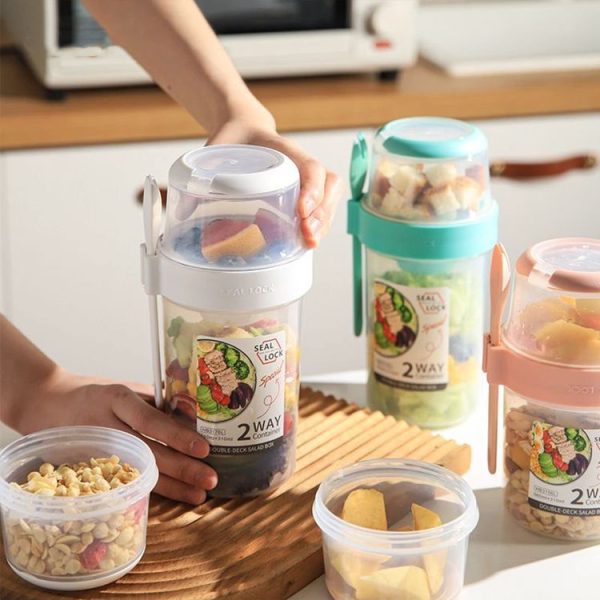 Salad Meal Shaker Cup Portable Fruit and Vegetable Container with Fork Dressing Box, Size: Small White - Image 2