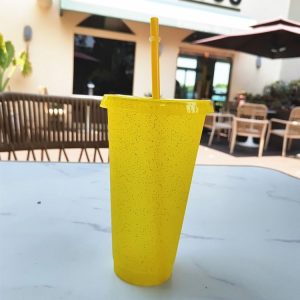 Large Summer Glitter Water Cup Plastic Ice Cold Drink Bottle with Straw (Yellow)