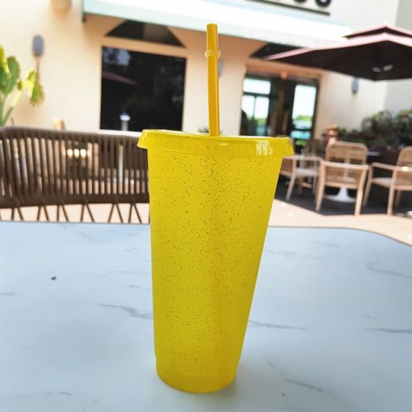 Large Summer Glitter Water Cup Plastic Ice Cold Drink Bottle with Straw (Yellow)