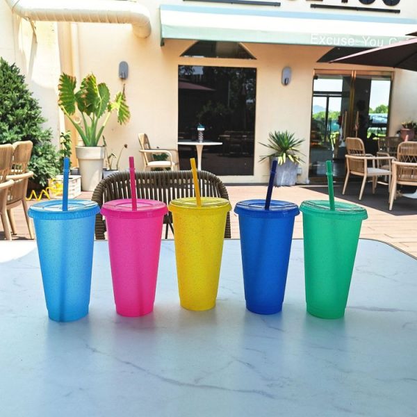 Large Summer Glitter Water Cup Plastic Ice Cold Drink Bottle with Straw (Yellow) - Image 2