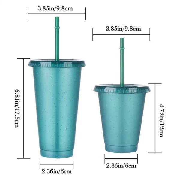 Large Summer Glitter Water Cup Plastic Ice Cold Drink Bottle with Straw (Yellow) - Image 3