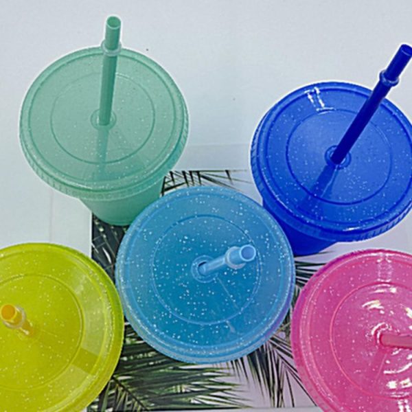 Large Summer Glitter Water Cup Plastic Ice Cold Drink Bottle with Straw (Yellow) - Image 5