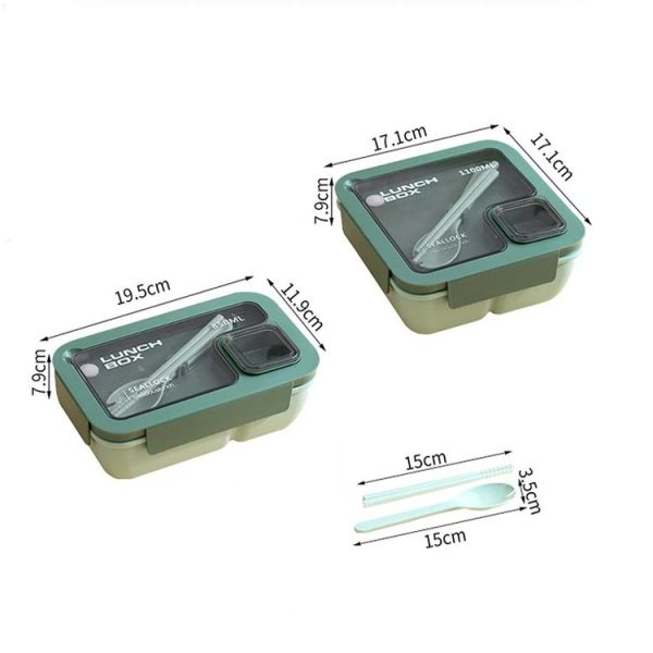 Rectangle Microwaveable Lunch Box Hermetic Bento Box with Spoon Chopsticks (Green) - Image 3