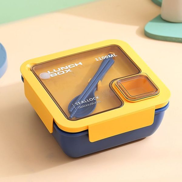 Square Microwaveable Lunch Box Hermetic Bento Box with Spoon Chopsticks (Blue)