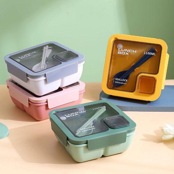 Square Microwaveable Lunch Box Hermetic Bento Box with Spoon Chopsticks (Blue) - Image 2