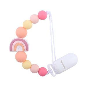 Baby Anti-drop Chain Pacifier Clips Silicone Rainbow Beads Dummy Holder Nipple Clip (Pink)