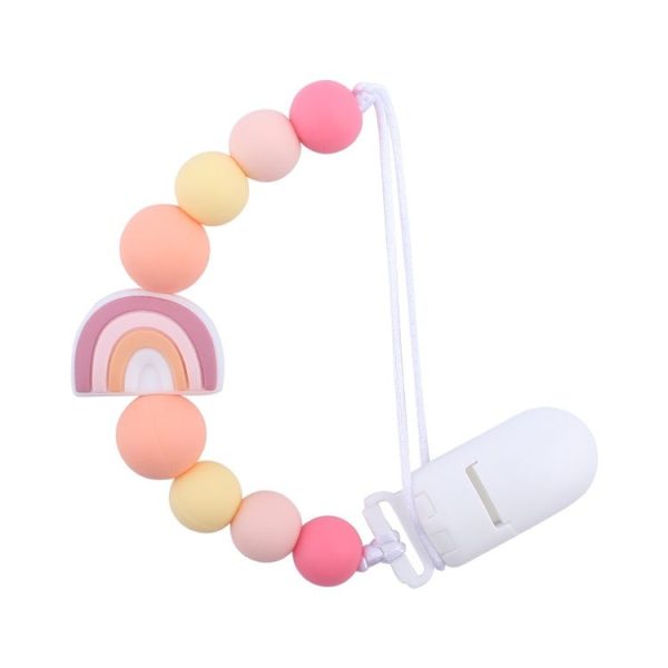 Baby Anti-drop Chain Pacifier Clips Silicone Rainbow Beads Dummy Holder Nipple Clip (Pink)
