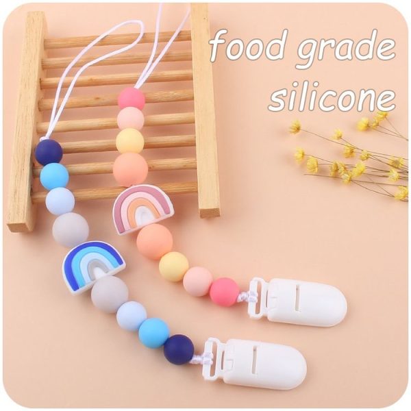 Baby Anti-drop Chain Pacifier Clips Silicone Rainbow Beads Dummy Holder Nipple Clip (Pink) - Image 2