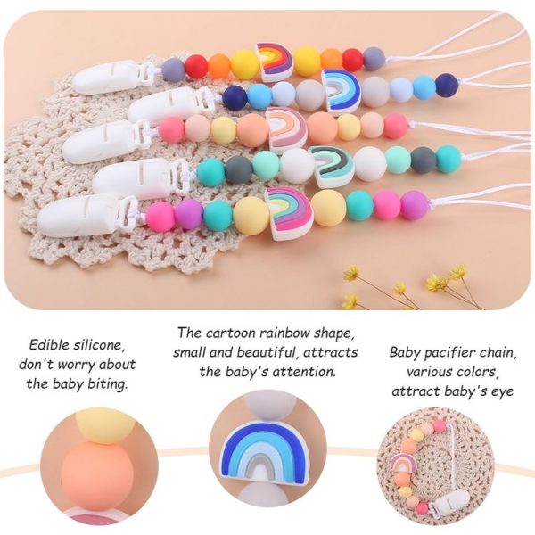 Baby Anti-drop Chain Pacifier Clips Silicone Rainbow Beads Dummy Holder Nipple Clip (Pink) - Image 4