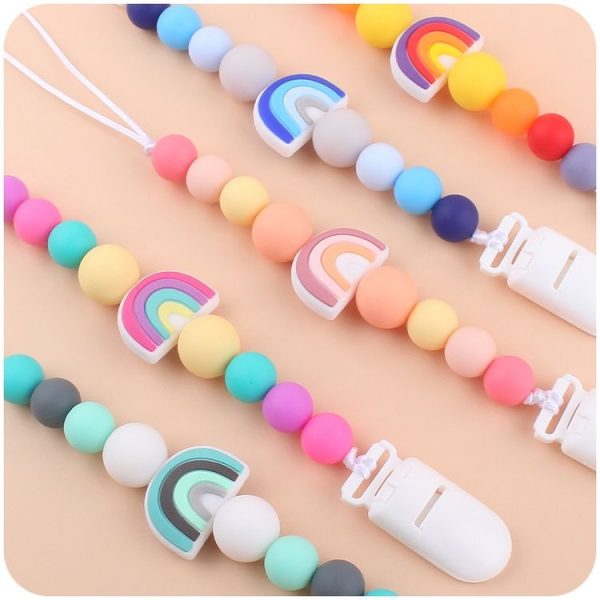 Baby Anti-drop Chain Pacifier Clips Silicone Rainbow Beads Dummy Holder Nipple Clip (Pink) - Image 5