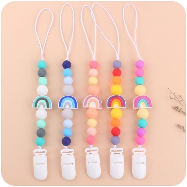 Baby Anti-drop Chain Pacifier Clips Silicone Rainbow Beads Dummy Holder Nipple Clip (Pink) - Image 6