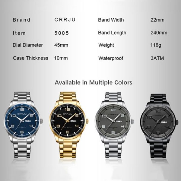 CRRJU 5005 Men Steel Strap Watch Simple Business Personalized Waterproof Watch With Calendar Display (Golden) - Image 5