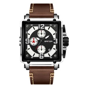 SANDA 5304 Quartz Men Watch Three Eyes Six Stitches Simple Calendar Waterproof Waist Watch (Belt Coffee)