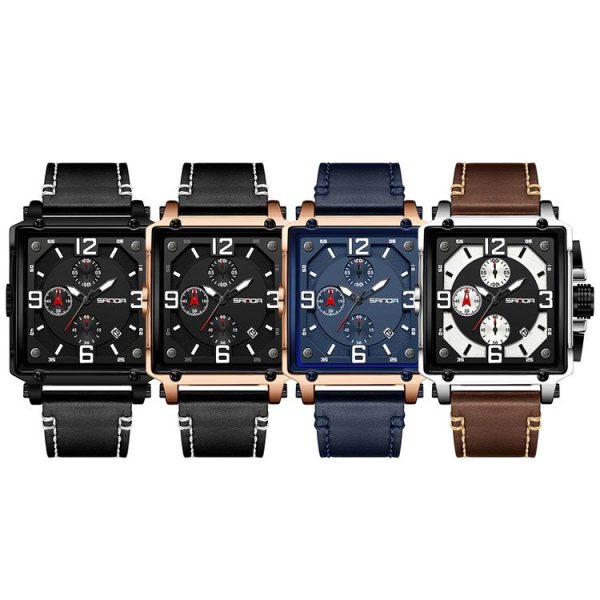 SANDA 5304 Quartz Men Watch Three Eyes Six Stitches Simple Calendar Waterproof Waist Watch (Belt Coffee) - Image 3