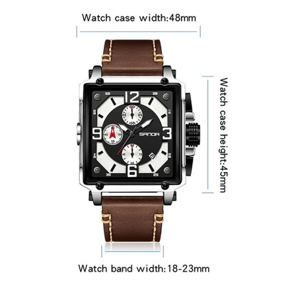 SANDA 5304 Quartz Men Watch Three Eyes Six Stitches Simple Calendar Waterproof Waist Watch (Belt Coffee) - Image 4