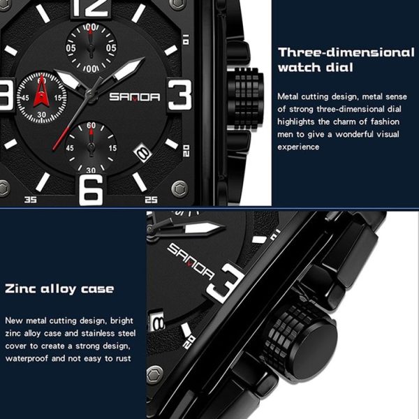 SANDA 5304 Quartz Men Watch Three Eyes Six Stitches Simple Calendar Waterproof Waist Watch (Belt Coffee) - Image 5