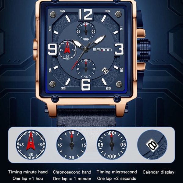 SANDA 5304 Quartz Men Watch Three Eyes Six Stitches Simple Calendar Waterproof Waist Watch (Belt Coffee) - Image 8