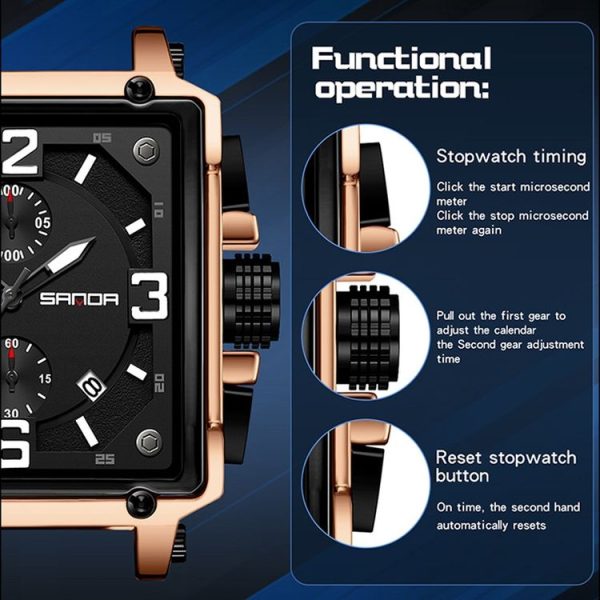 SANDA 5304 Quartz Men Watch Three Eyes Six Stitches Simple Calendar Waterproof Waist Watch (Belt Coffee) - Image 9