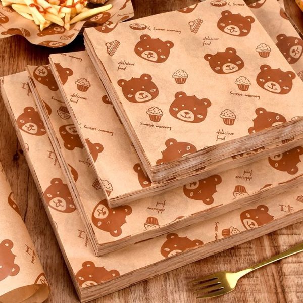 100sheets / Pack Bear Pattern Greaseproof Paper Baking Wrapping Paper Food Basket Liners Paper 15x15cm - Image 3